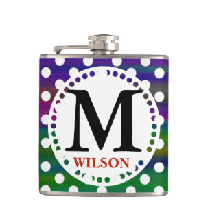 Girly colourful monogram polka dots hip flask