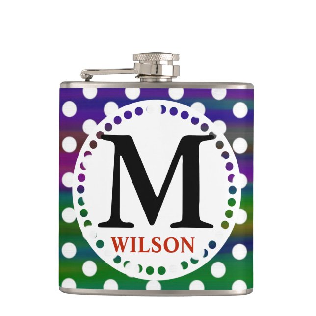 Girly colourful monogram polka dots hip flask (Front)