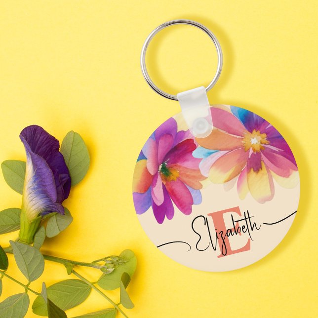 Girly Colourful Pastel Watercolor Flower Monogram Key Ring (Creator Uploaded)