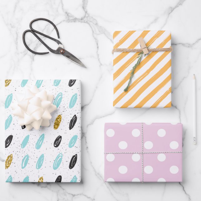 Girly colourful pattern stripes and dots pink blue wrapping paper sheet (Front)