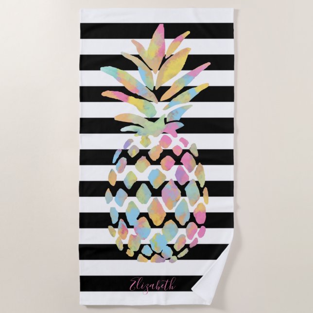 Girly Colourful Pineapple, Black White Stripes Beach Towel (Front)