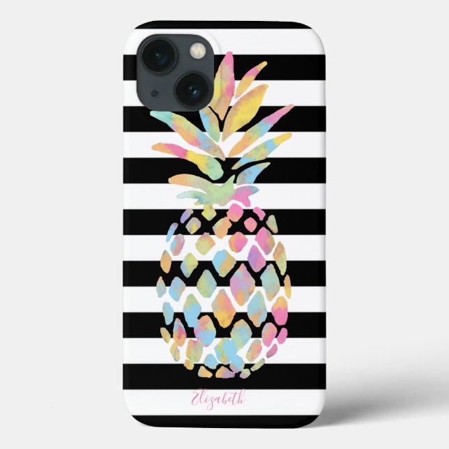 Girly Colourful Pineapple, Black White Stripes Case-Mate iPhone Case (Back)