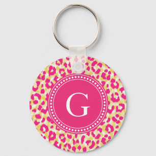 Girly colourful pink cheetah print monogram key ring