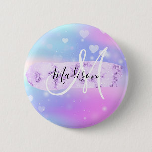 Girly Colourful Unicorn Rainbow Hearts Monogram 6 Cm Round Badge