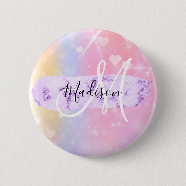 Girly Colourful Unicorn Rainbow Hearts Monogram 6 Cm Round Badge (Front)