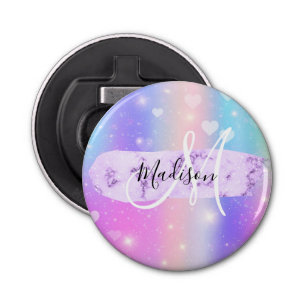 Girly Colourful Unicorn Rainbow Hearts Monogram Bottle Opener