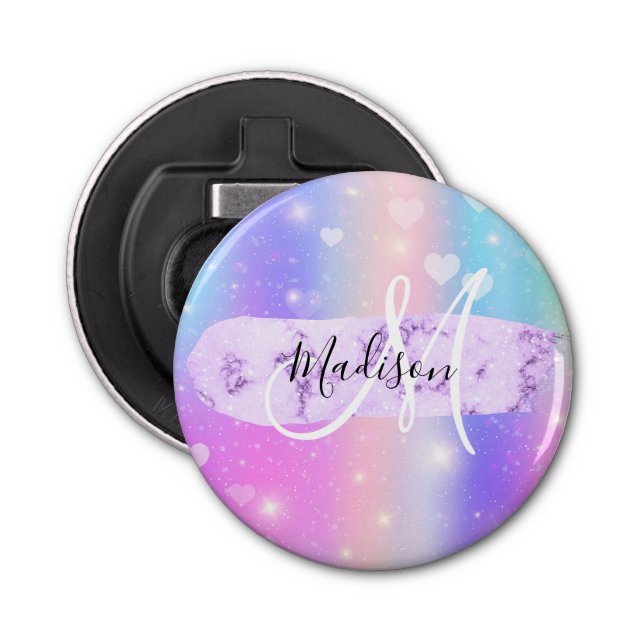 Girly Colourful Unicorn Rainbow Hearts Monogram Bottle Opener (Front)