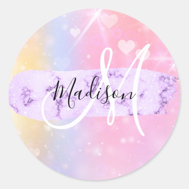 Girly Colourful Unicorn Rainbow Hearts Monogram Classic Round Sticker (Front)