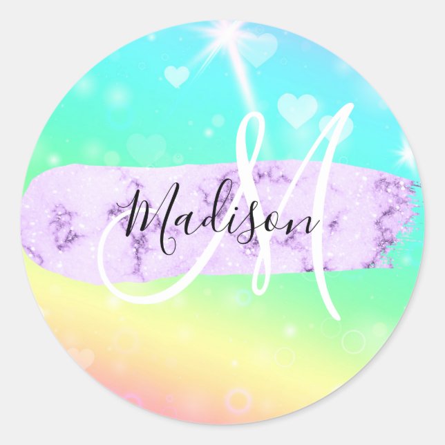 Girly Colourful Unicorn Rainbow Hearts Monogram Classic Round Sticker (Front)