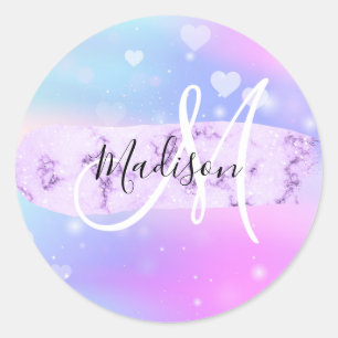 Girly Colourful Unicorn Rainbow Hearts Monogram Classic Round Sticker