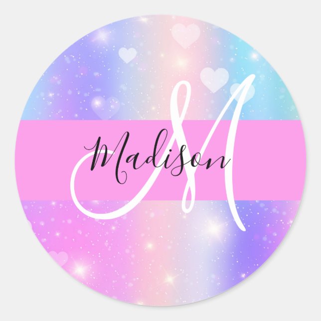 Girly Colourful Unicorn Rainbow Hearts Monogram Classic Round Sticker (Front)
