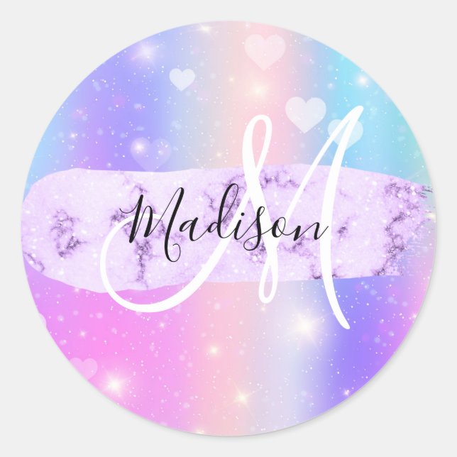 Girly Colourful Unicorn Rainbow Hearts Monogram Classic Round Sticker (Front)