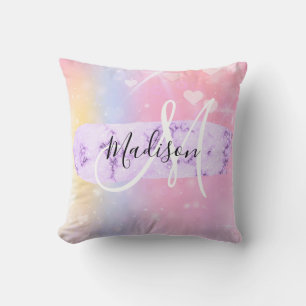 Girly Colourful Unicorn Rainbow Hearts Monogram Cushion
