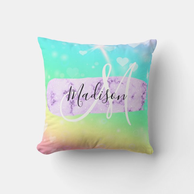 Girly Colourful Unicorn Rainbow Hearts Monogram Cushion (Front)