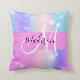 Girly Colourful Unicorn Rainbow Hearts Monogram Cushion