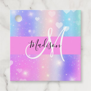 Girly Colourful Unicorn Rainbow Hearts Monogram Favour Tags