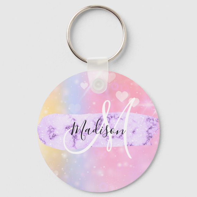 Girly Colourful Unicorn Rainbow Hearts Monogram Key Ring (Front)
