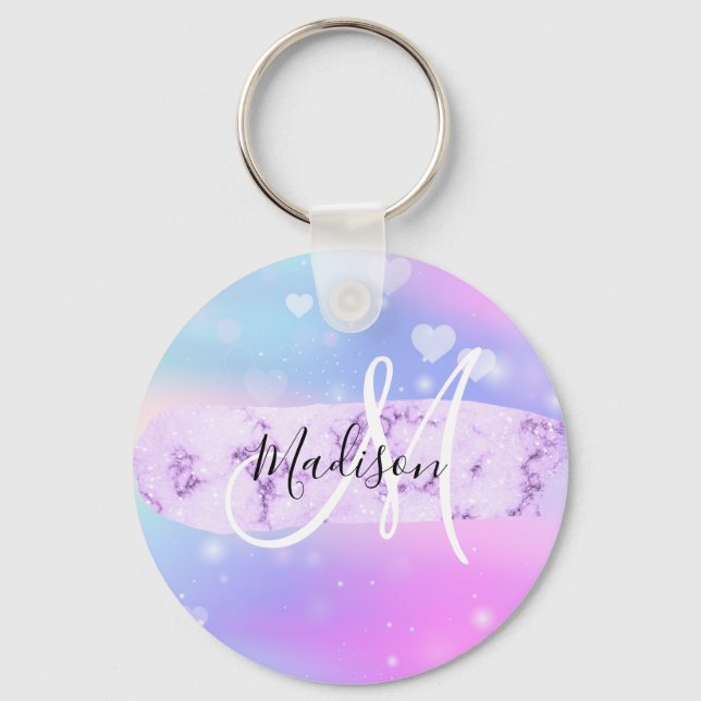 Girly Colourful Unicorn Rainbow Hearts Monogram Key Ring (Front)
