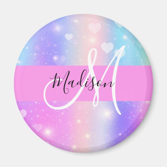 Girly Colourful Unicorn Rainbow Hearts Monogram Magnet (Front)