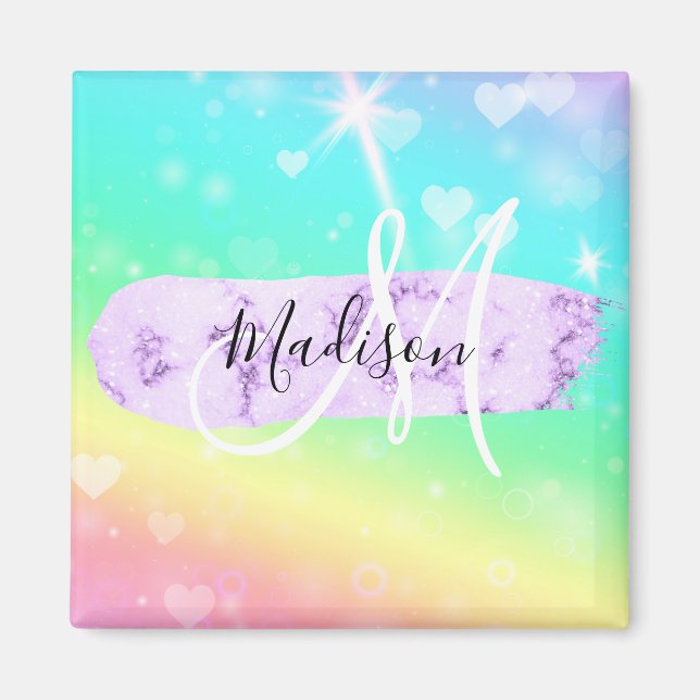 Girly Colourful Unicorn Rainbow Hearts Monogram Magnet (Front)