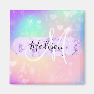 Girly Colourful Unicorn Rainbow Hearts Monogram Magnet