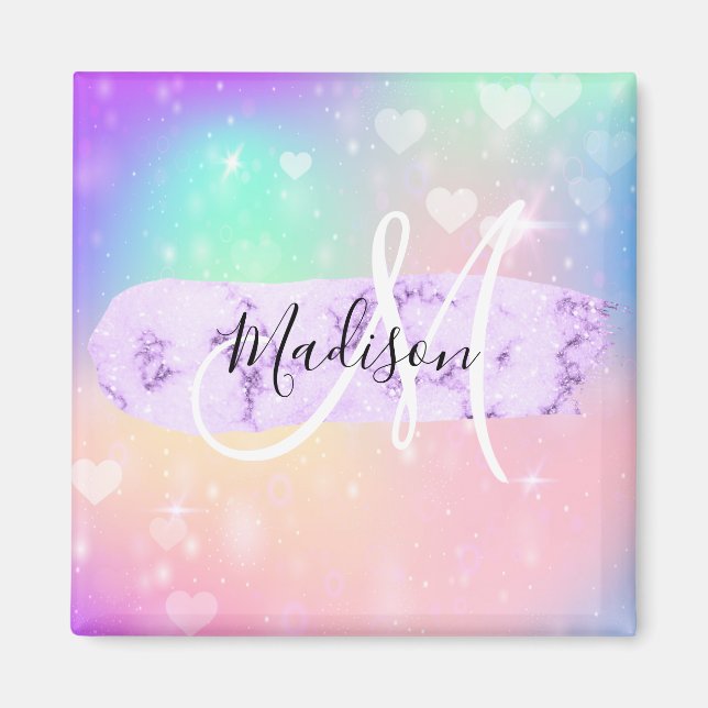 Girly Colourful Unicorn Rainbow Hearts Monogram Magnet (Front)