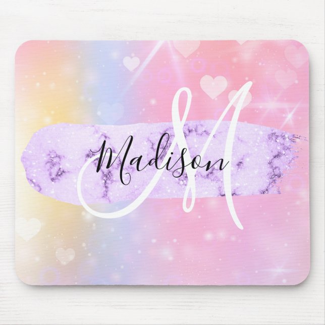 Girly Colourful Unicorn Rainbow Hearts Monogram Mouse Mat (Front)