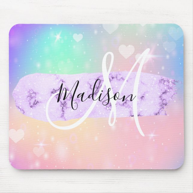 Girly Colourful Unicorn Rainbow Hearts Monogram Mouse Mat (Front)