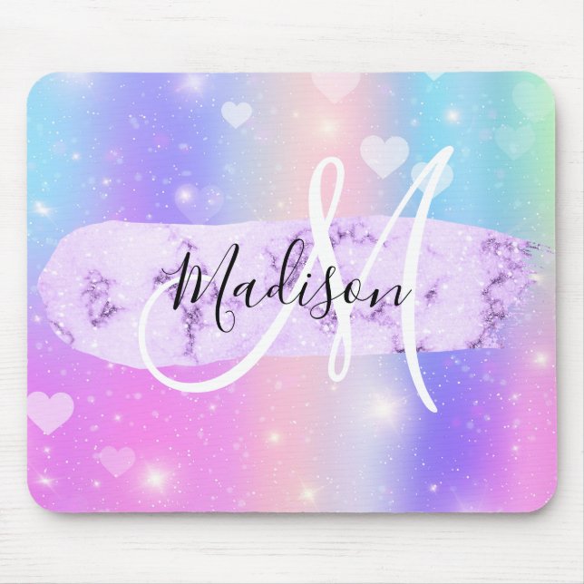 Girly Colourful Unicorn Rainbow Hearts Monogram Mouse Mat (Front)