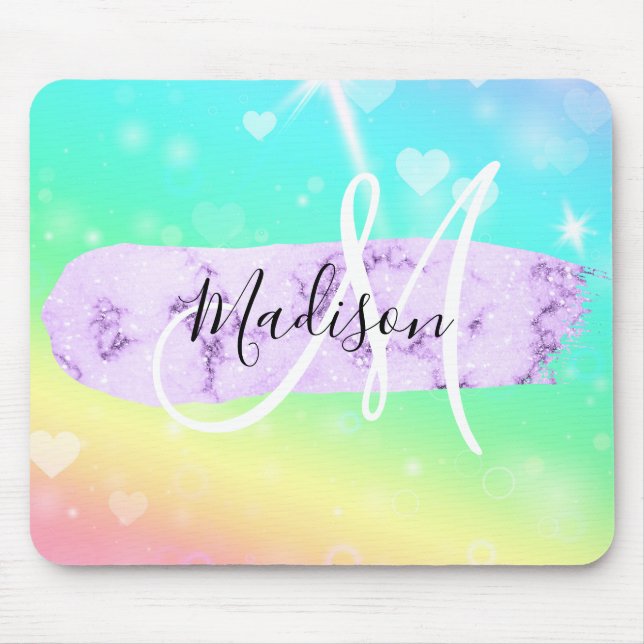 Girly Colourful Unicorn Rainbow Hearts Monogram Mouse Mat (Front)