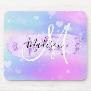 Girly Colourful Unicorn Rainbow Hearts Monogram Mouse Mat