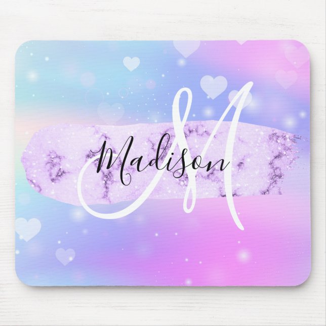 Girly Colourful Unicorn Rainbow Hearts Monogram Mouse Mat (Front)