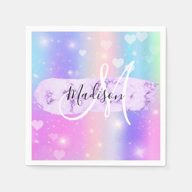Girly Colourful Unicorn Rainbow Hearts Monogram Napkin (Front)
