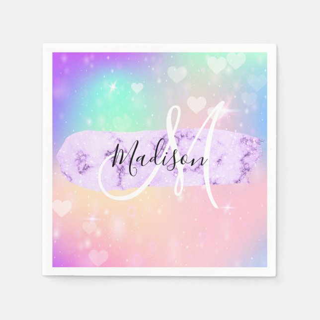 Girly Colourful Unicorn Rainbow Hearts Monogram Napkin (Front)