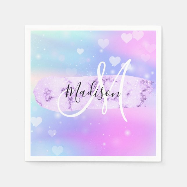 Girly Colourful Unicorn Rainbow Hearts Monogram Napkin (Front)
