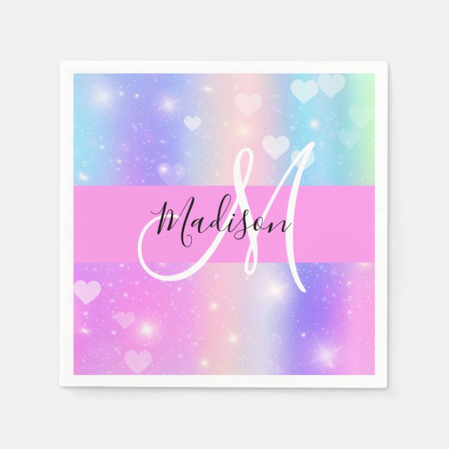 Girly Colourful Unicorn Rainbow Hearts Monogram Napkin (Front)