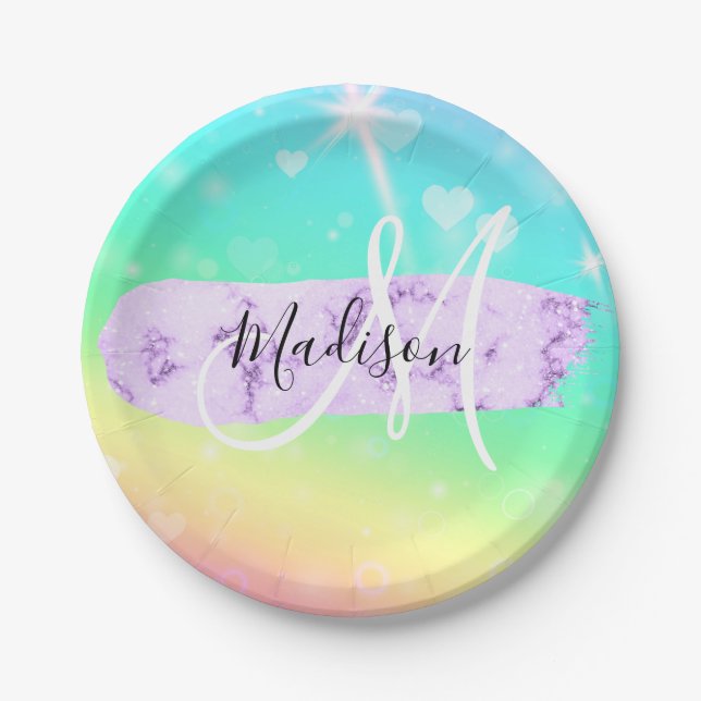 Girly Colourful Unicorn Rainbow Hearts Monogram Paper Plate (Front)