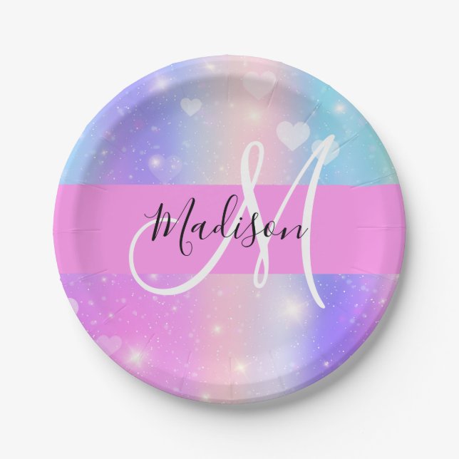 Girly Colourful Unicorn Rainbow Hearts Monogram Paper Plate (Front)
