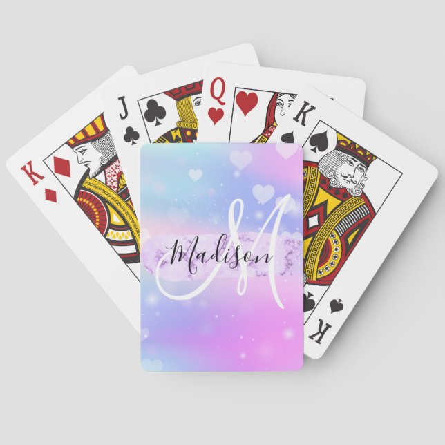Girly Colourful Unicorn Rainbow Hearts Monogram Playing Cards (Back)