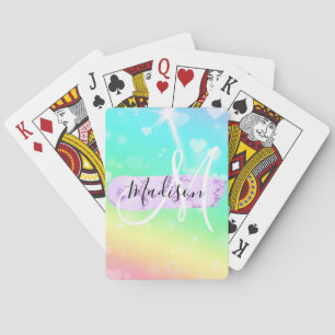 Girly Colourful Unicorn Rainbow Hearts Monogram Playing Cards