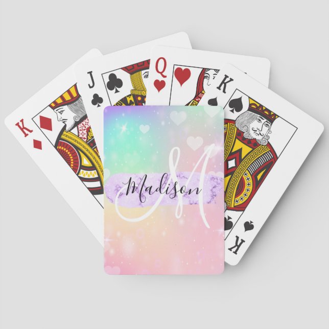 Girly Colourful Unicorn Rainbow Hearts Monogram Playing Cards (Back)