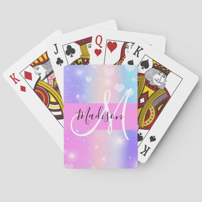 Girly Colourful Unicorn Rainbow Hearts Monogram Playing Cards (Back)