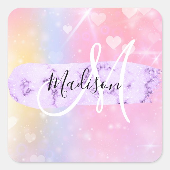 Girly Colourful Unicorn Rainbow Hearts Monogram Square Sticker (Front)