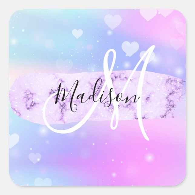 Girly Colourful Unicorn Rainbow Hearts Monogram Square Sticker (Front)