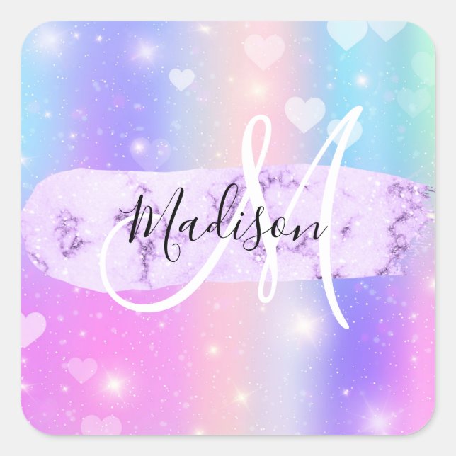 Girly Colourful Unicorn Rainbow Hearts Monogram Square Sticker (Front)