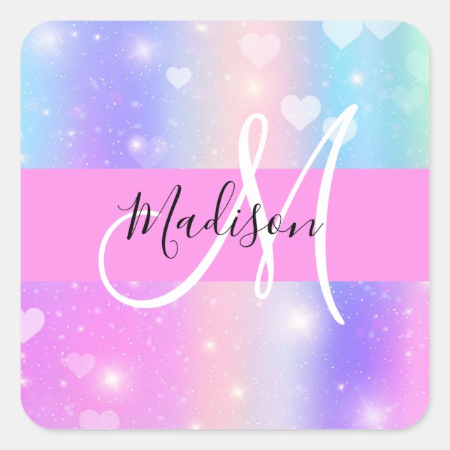 Girly Colourful Unicorn Rainbow Hearts Monogram Square Sticker (Front)