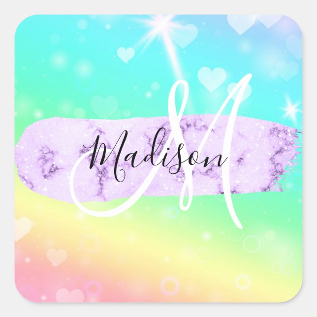 Girly Colourful Unicorn Rainbow Hearts Monogram Square Sticker (Front)