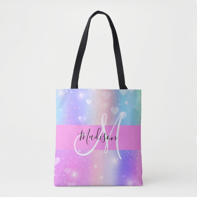 Girly Colourful Unicorn Rainbow Hearts Monogram Tote Bag (Front)