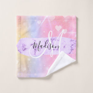 Girly Colourful Unicorn Rainbow Hearts Monogram Wash Cloth