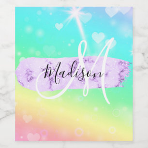 Girly Colourful Unicorn Rainbow Hearts Monogram Wine Label